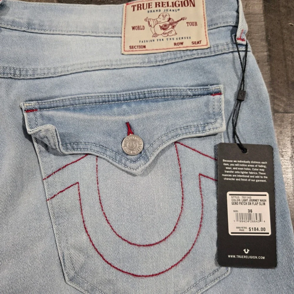 True Religion Geno Slim Fit Varsity Patch Denim Jeans Light Wash Deadstock NWT